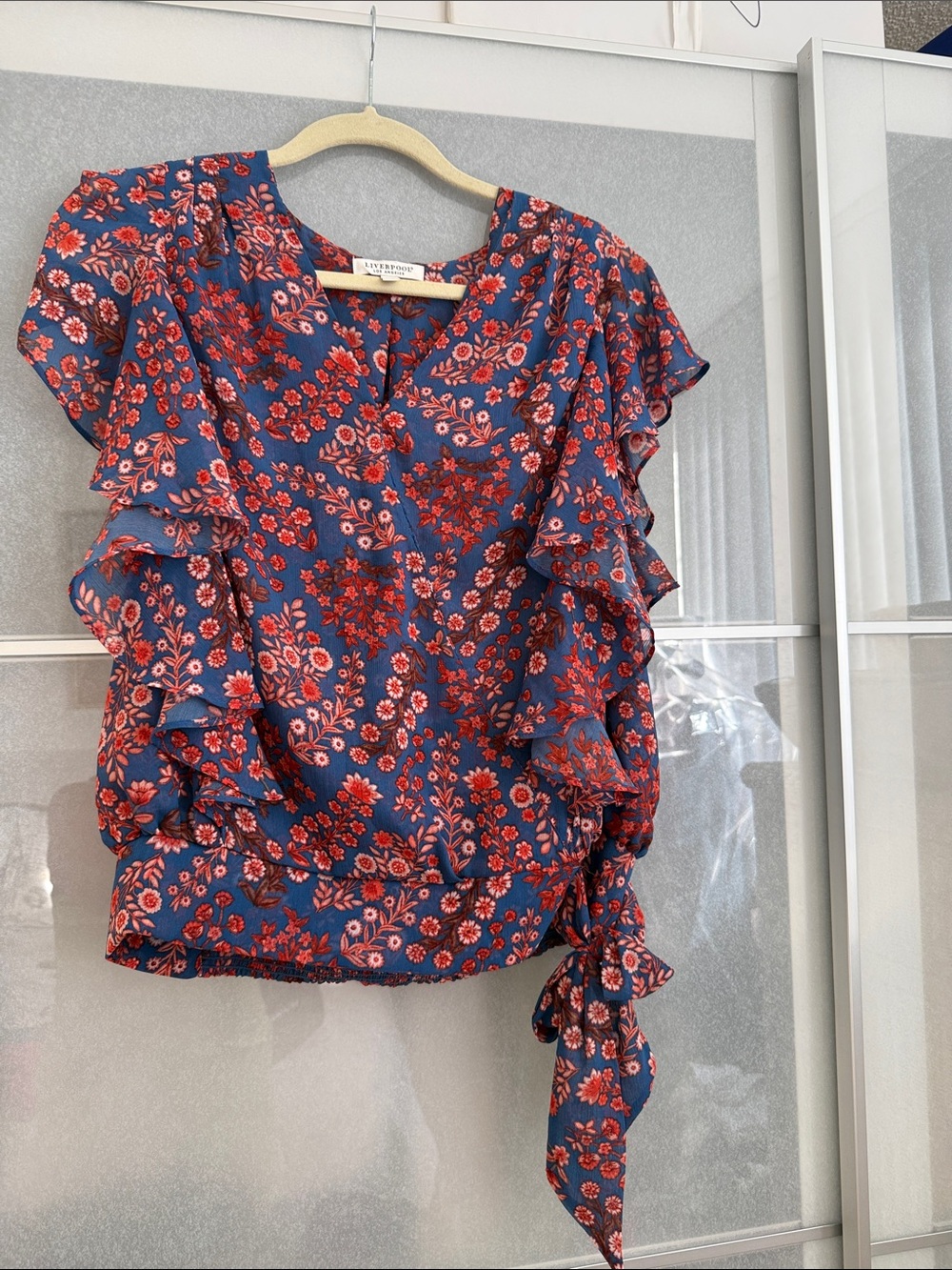 LiverPool Blue Floral Ruffle Side-Tie Blouse